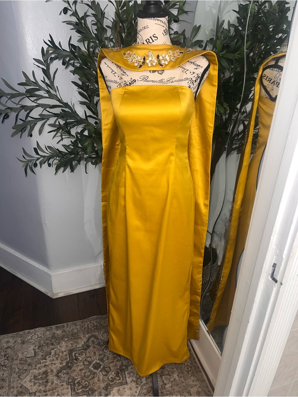 Elegant Mustard Yellow Satin Evening Gown with Embellished Collar